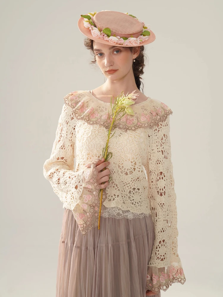 

88cm Bust Fall Crochet Shirts Women Korean Fashion Elegant Exquisite Embroidery Collar Flare Sleeve Hollow Out Hook Flower Tops
