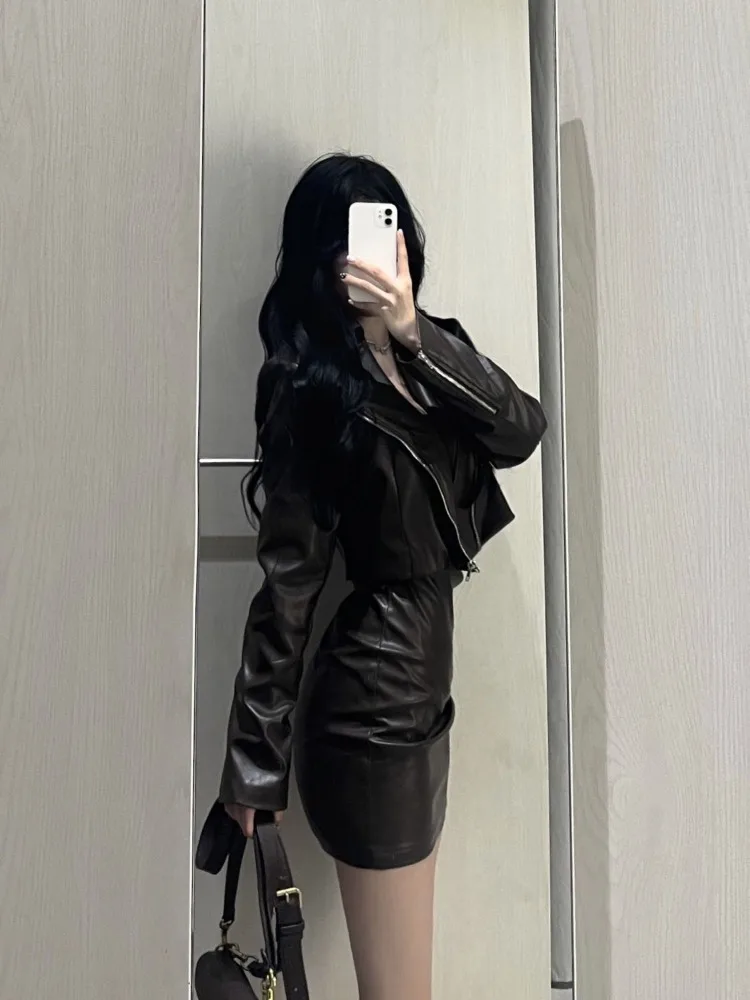 Sweet Cool Long Sleeve Leather Coat Women+ Y2k Sexy Slim Waist Bodycon Camisole Dresses 2024 Autumn New Two Piece Sets