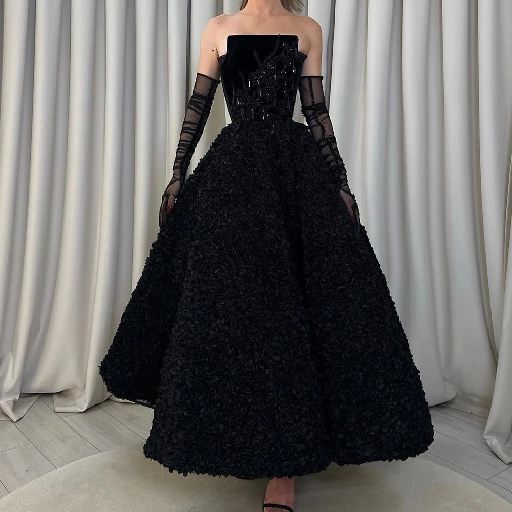 

Customized A-line Evening Dresses Ankle-length Strapless Full Sleeve Prom Gown Fashion Sequined Flowers Backless Party Gown