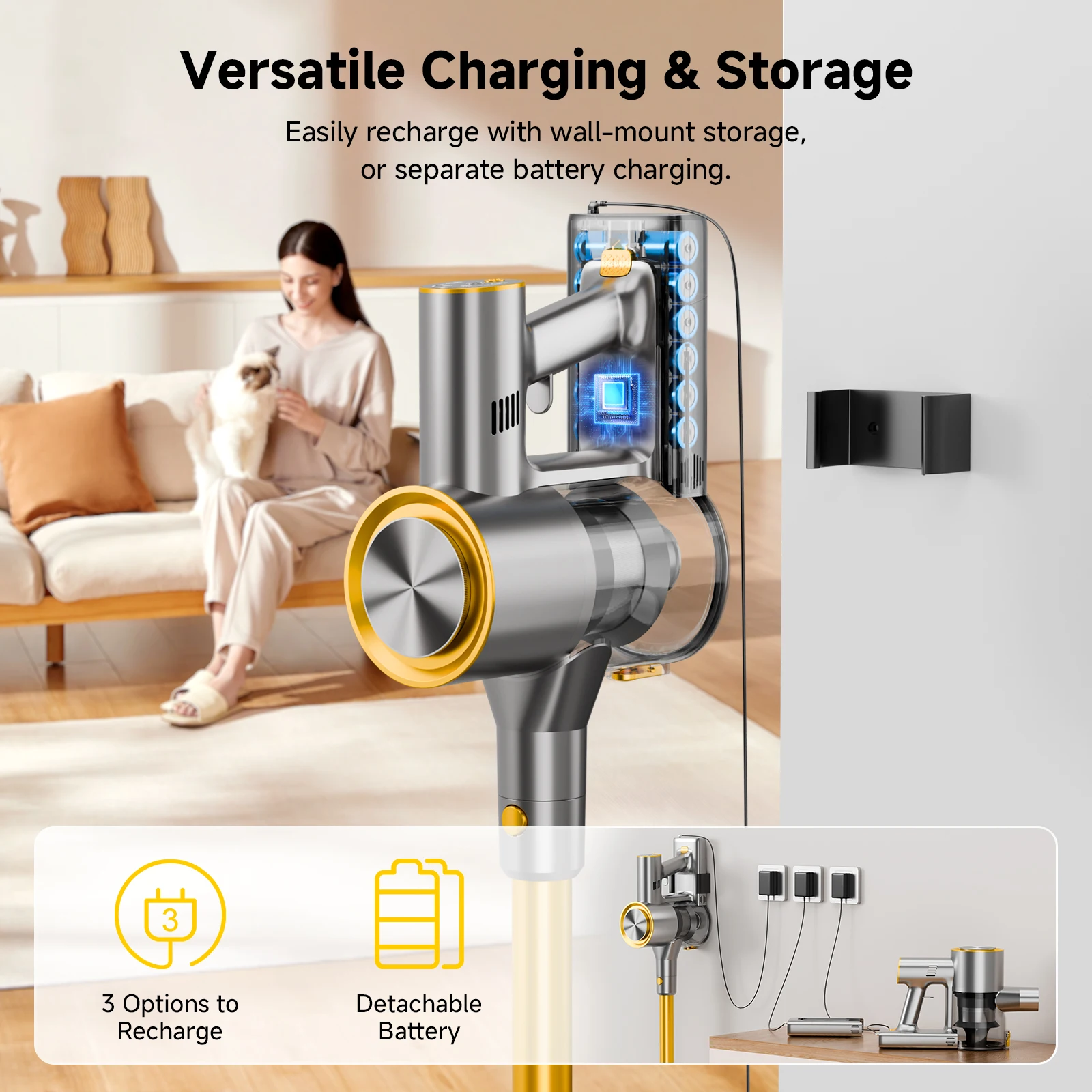 Honki 78KPa Powerful Cordless Vacuum Cleaner LED Display 45Mins Self Standing Stick Vacuum 1.5L Large Dust Cup for Pet Hair Carpet Floor Home Gift