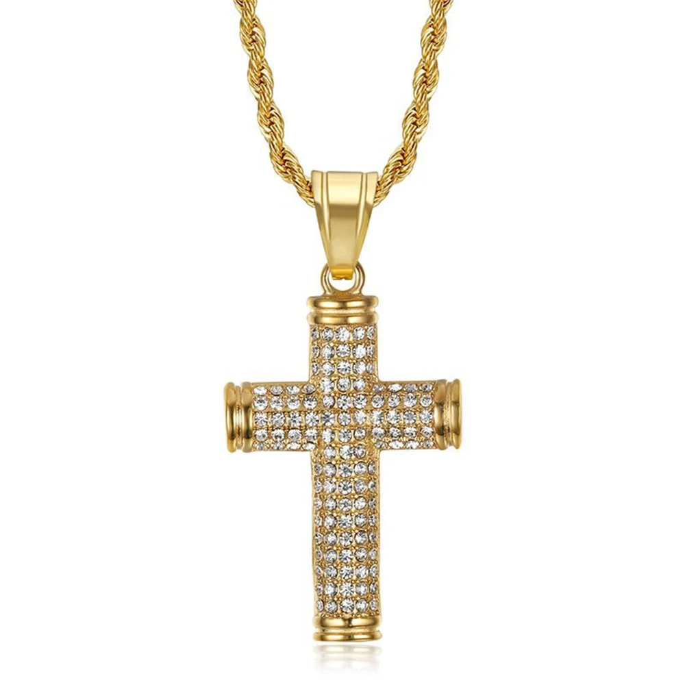 

Iced Out Bling Cross Necklace Dropshipping Gold Color Stainless Steel Rope Chain & Cross Pendant For Men Women Religious Jewelry