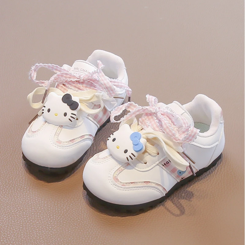 Kinder-Freizeitschuhe, Turnschuhe, Cartoon-Hallo-Kitty-Schleife, PU-Leder für Mädchen, bedruckt, rutschfest, atmungsaktiv, blau, rosa Schuhe, Größe 28–38