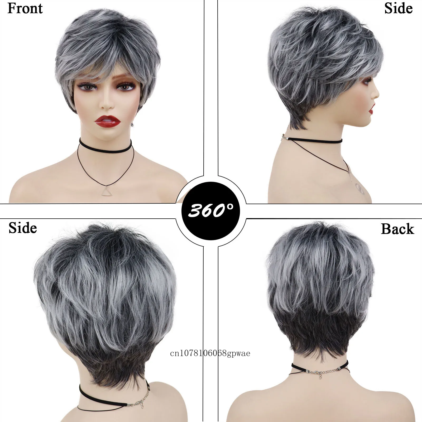 Synthetic Mixed Grey Hair Short Ombre Wig with Bangs Natural Layered Cut Wigs for Women Ladies Mommy Grandma Gift Wig Cosplay