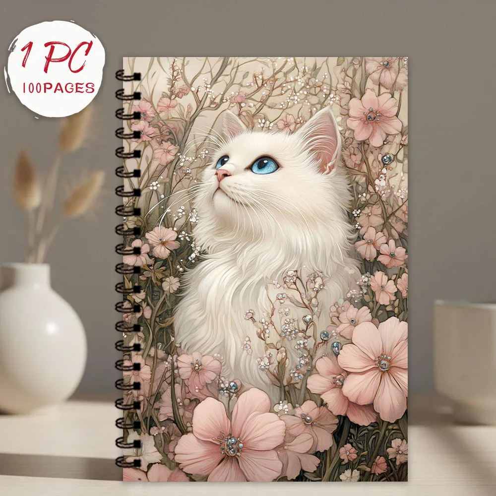 White Cat Florals Notebook 1pc, Blank Lined Pages, Ideal Gift for Note-Taking, Inspiring for Everyone, Perfect for Students
