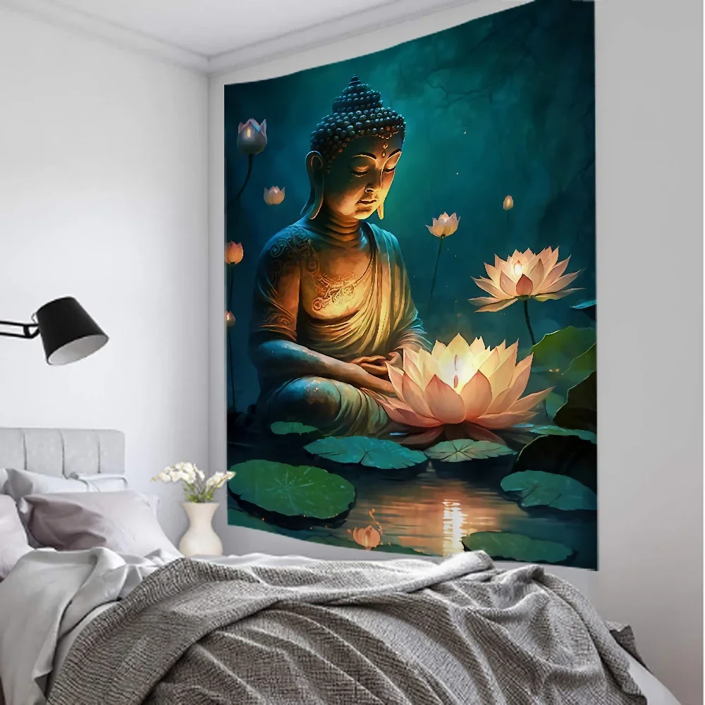 Indian Buddha Statue Tapestry Wall Hanging Lotus Meditation Mandala Wallpaper Home Living Room Bedroom Studio Wall Decoration