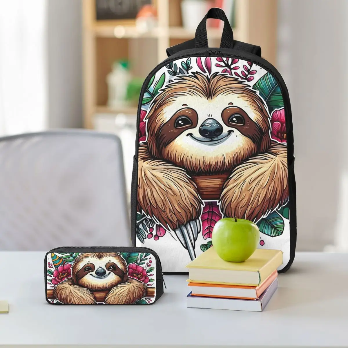 Charming Sloth In Bloom Backpack Student BookBag School Bag Shoulder Bags 3ps Insulated Lunch Bag Pencil Case