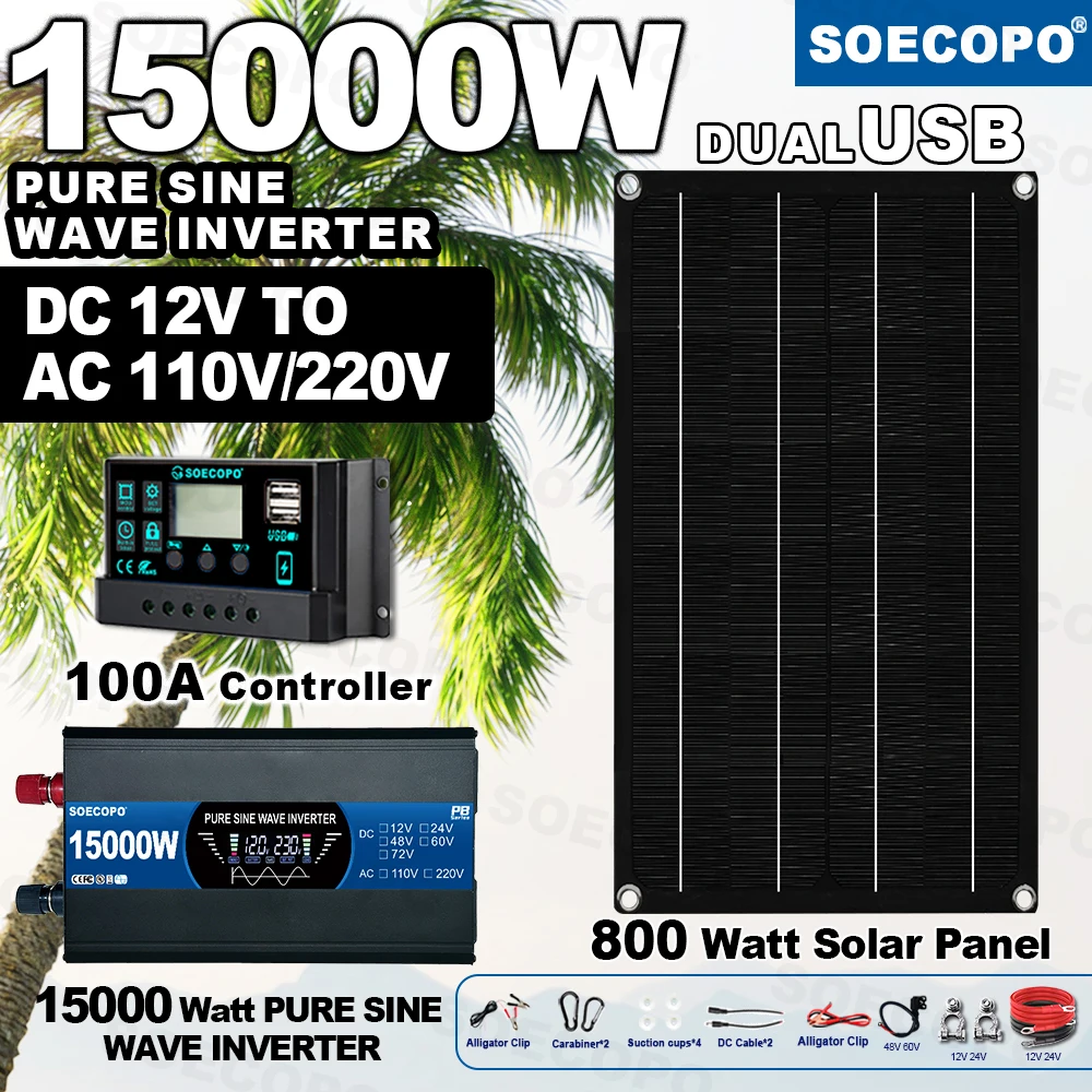 

SOECOPO 15000W Portable Solar System Kit: 800W Panel, Pure Sine Wave Inverter 2 sockets 12V, 100A Controller for Camping/Home