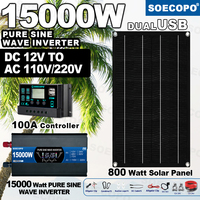 SOECOPO 15000W Portable Solar System Kit: 800W Panel, Pure Sine Wave Inverter 2 sockets 12V, 100A Controller for Camping/Home