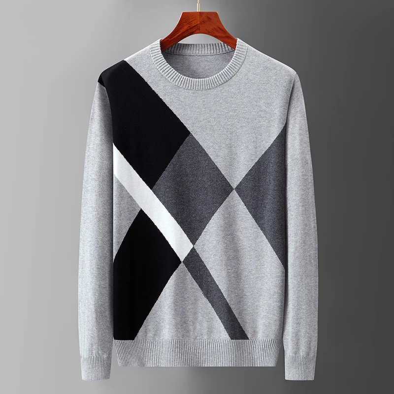 

100% Cotton Plaid Pull Pullovers Sweater Male Thin Korea Clothing Christmas Pullovers Knitted Print Sweater Men Cashmere