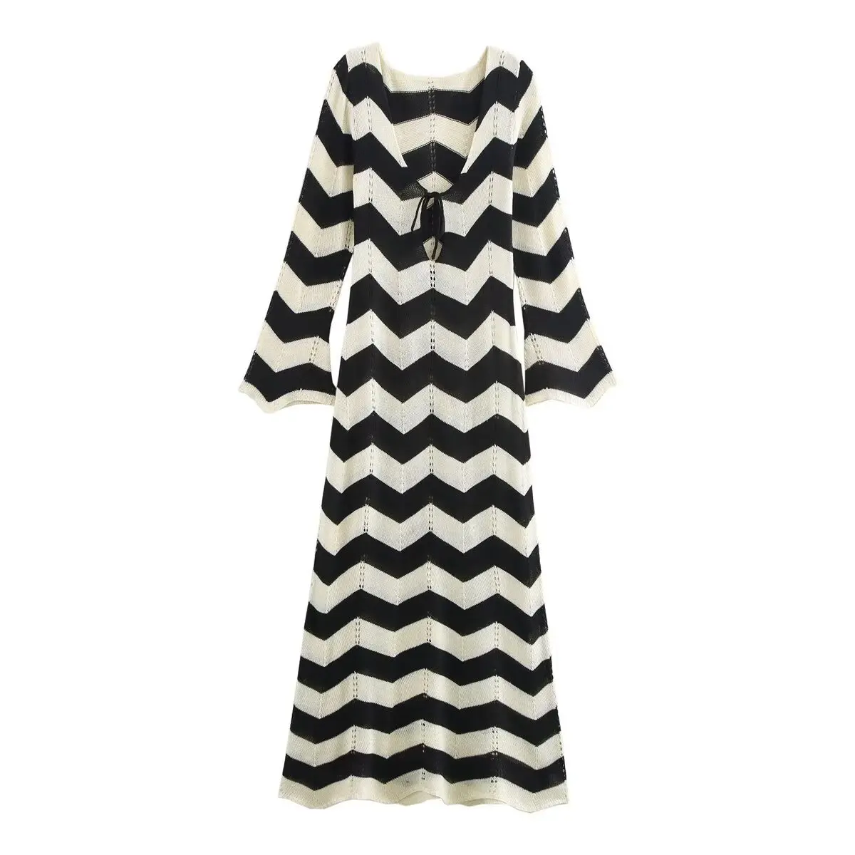 

Темпераментное полосатое трикотажное платье, элегантное полое платье средней длины с v-образным вырезом на шнуровке, осень 2023, новые женские платья с расклешенными рукавами