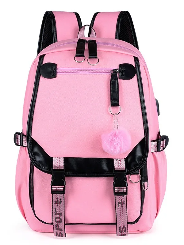Color Block Pom Pom Pendant Backpack Girls Large Capacity Multi Compartment  Junior High High School Campus School Bag