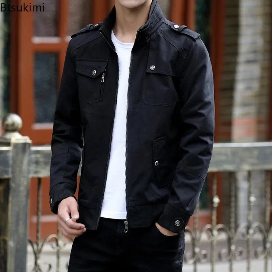 2024 Men's Cotton Cargo Jackets Multi-pockets Design Loose Casual Bomber Jackets Korean Style Stand Collar Zipper Up Coats Male