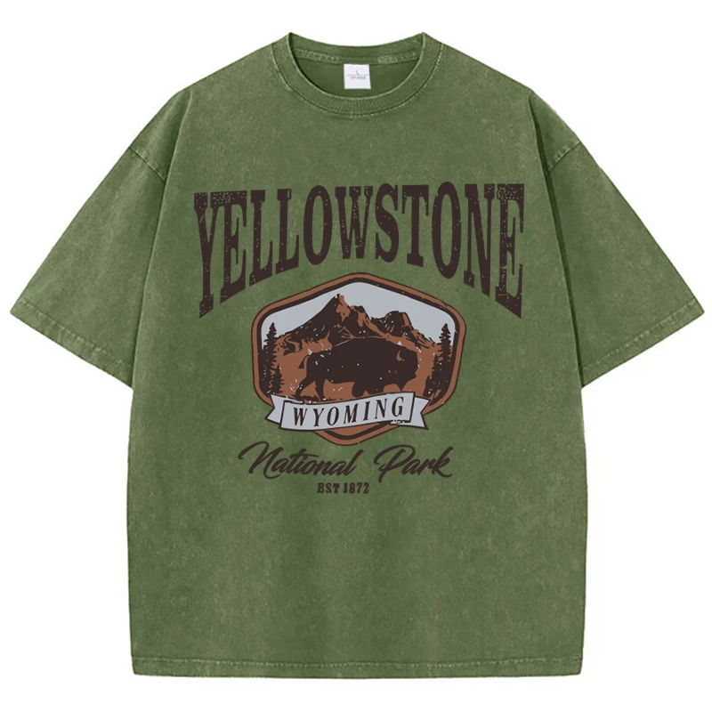 Woman Cotton Washed T-Shirts All-Math O-Neck Distressed Short Sleeve The Bison In Yellowstone Park Printing Tops Summer Clothes