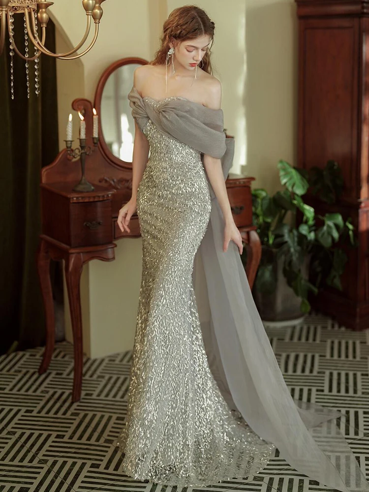 

Ele One-oulder Host Evening Gown Sparkling Sequin Wedding Dr Fi-Tail Sle Bridal Par Celebration Dr