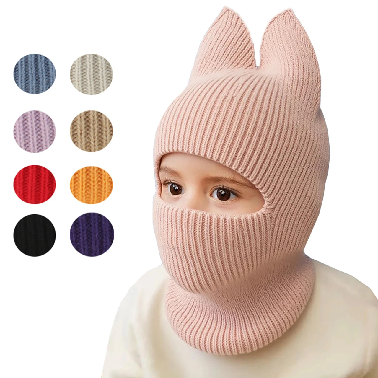 

Cat Ears Bib all-in-one Knit Hat Cute Children Balaclava 1-4Year Kids Mask Ear Protection Wool Cap Boy Girl Baby Hooded Beanies