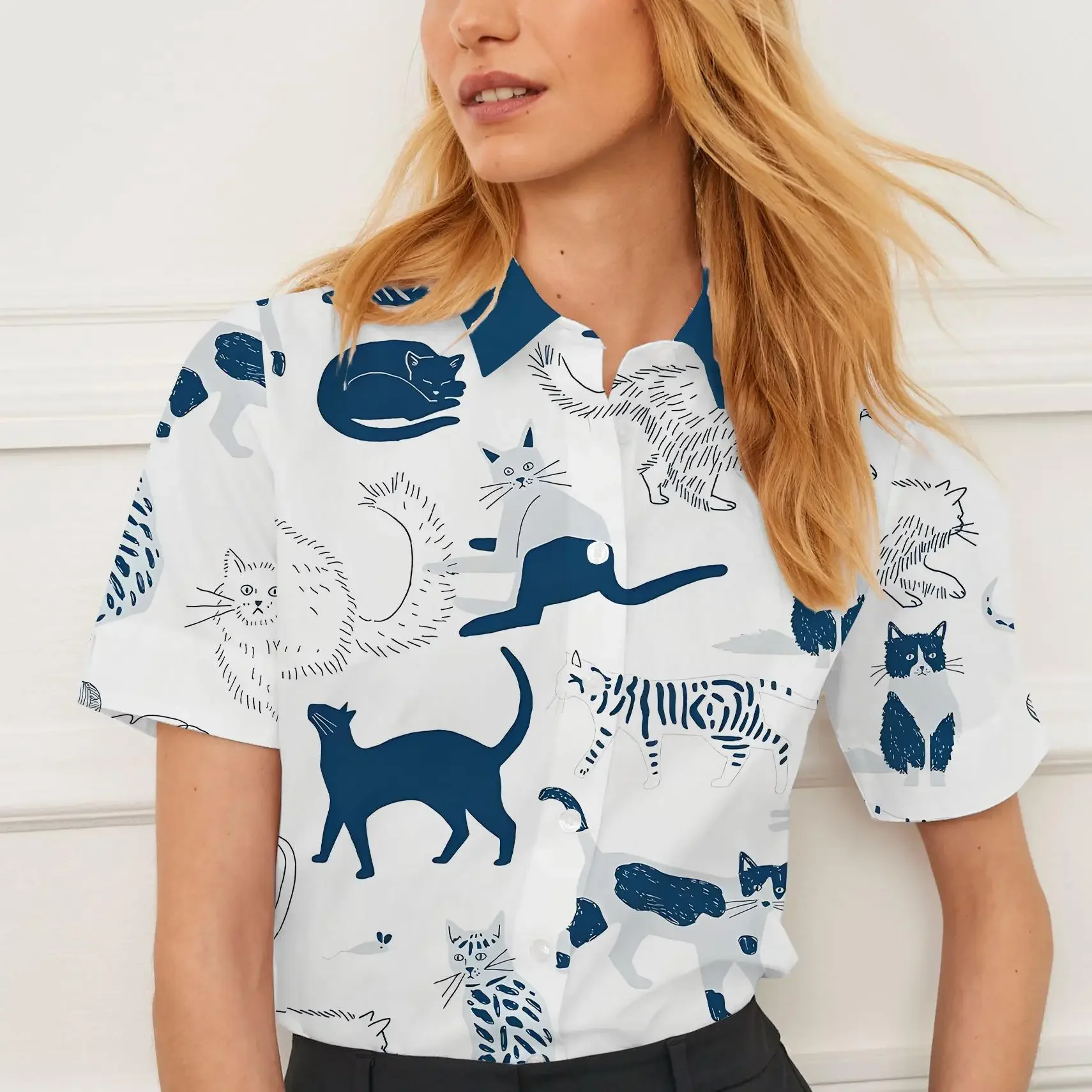 Lapel Shirt Short Sleeve Summer Women's Clothing Cartoon Animal Pattern Print Women's Tops Shirt Fashion Casual Women Blouses