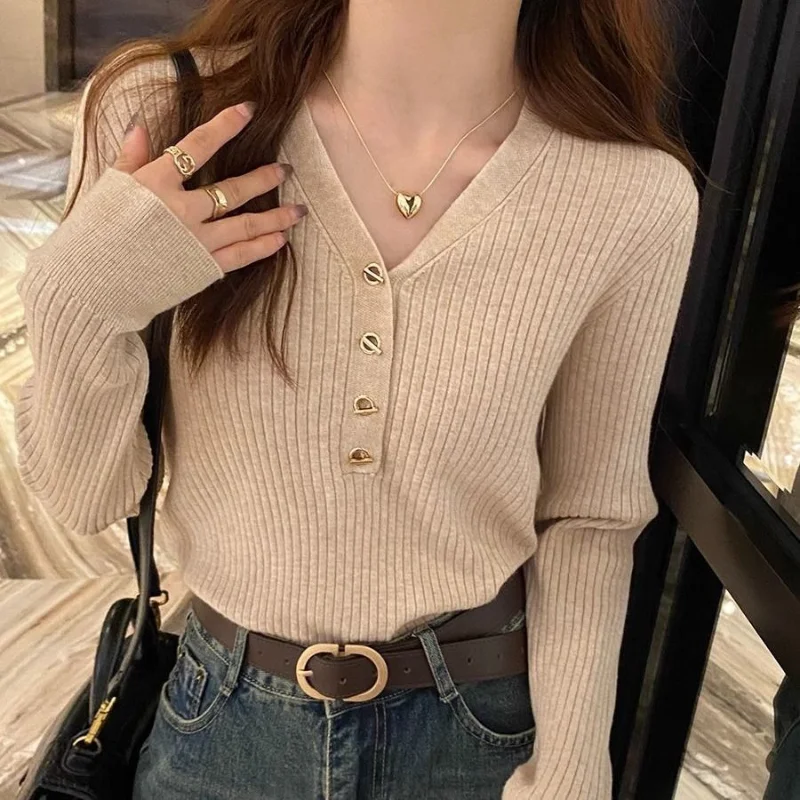 Women Autumn Winter Korean New V-neck Sweater Solid Buttons Look Thinner Versatile Knit Cozy Upscale Sweater Long Sleeved Tops