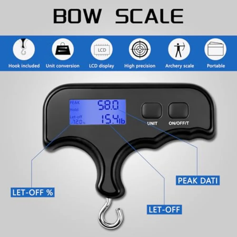 Archery Bow Scale for Hunting Bow Tuning, ABS Plastic, Black, 110Lbs High Accuracy with Unit Conversion Backlit LCD