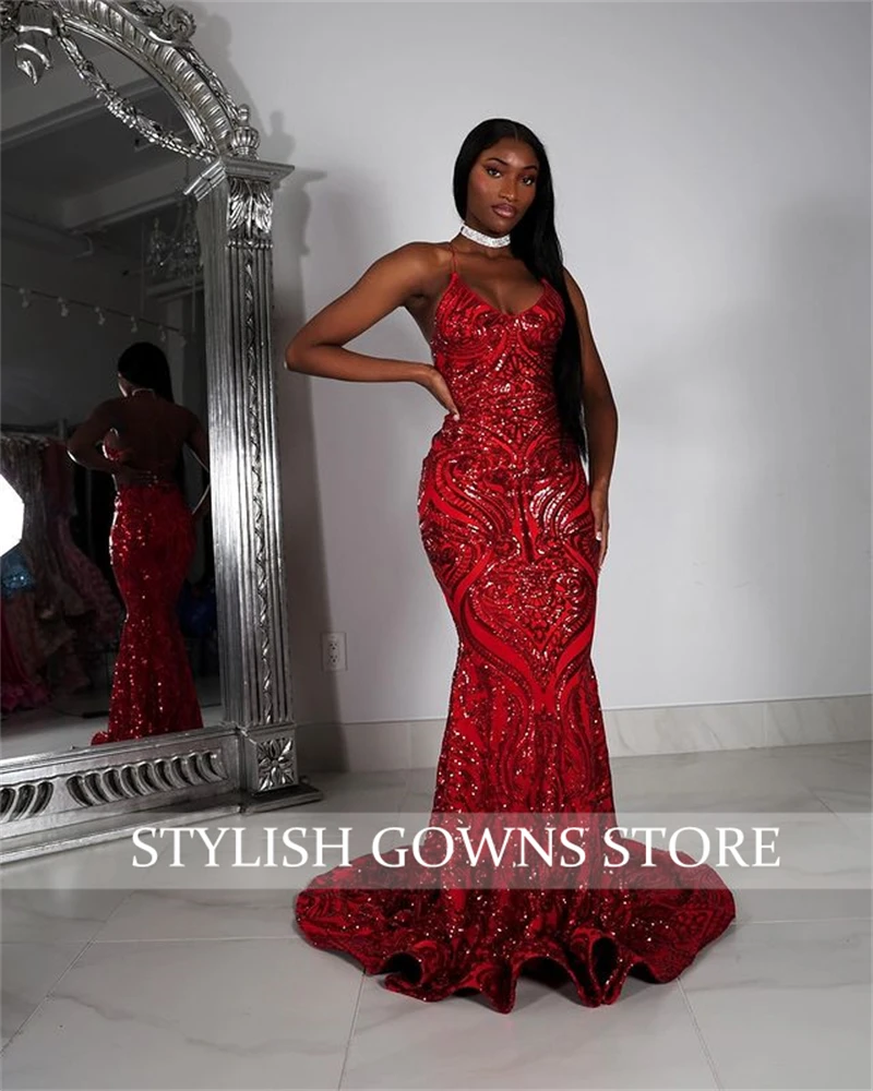 African Black Girl Prom Dress Sparkly Sequined Mermaid Formal Gown Evening Gowns Red Luxury Dresses Birthday Party Customized