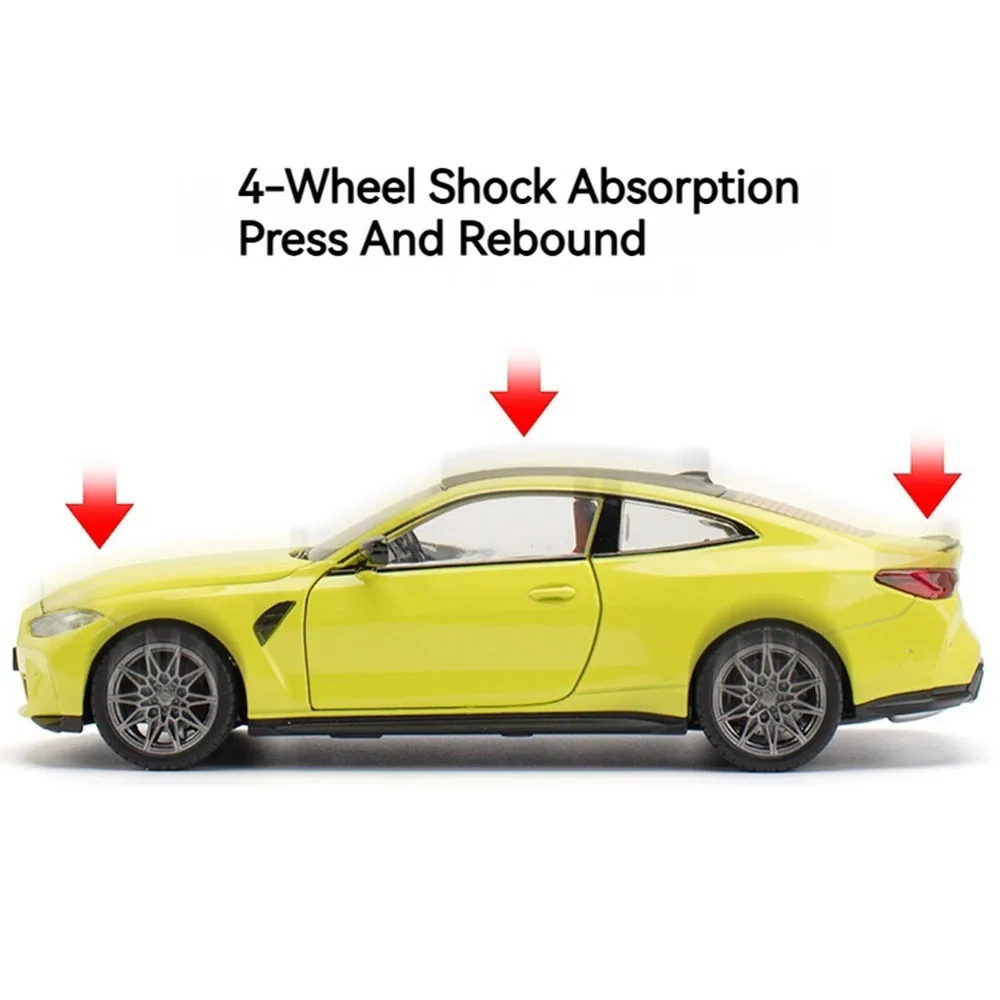 1:23 BMW M4 G82 스포츠카 모델 장난감 금속 바디 고무 타이어 휠 스티어링 충격 흡수 모델 컬렉션 자동차 장식품