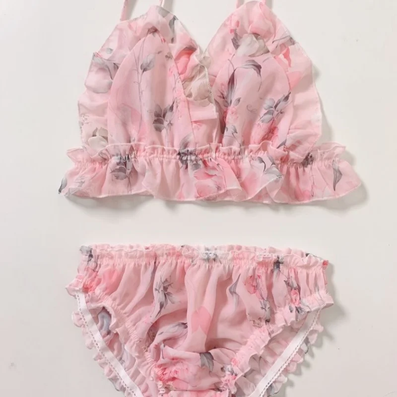 Cross-dressing Men's Printed Sexy Bra Briefs Set Sissy See Through Ruffle Cute Bikinis Couple BF Erotic Underwear