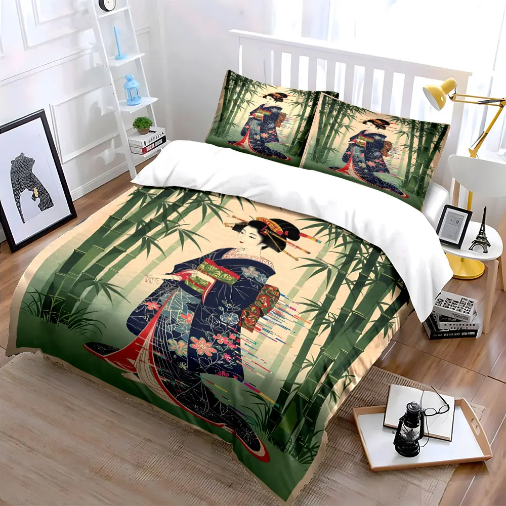 Elegant woman in kimono amidst bamboo Print Bedding Set 1Duvet Cover 2Pillowcases for Adult and Children Luxury Gift Full Size