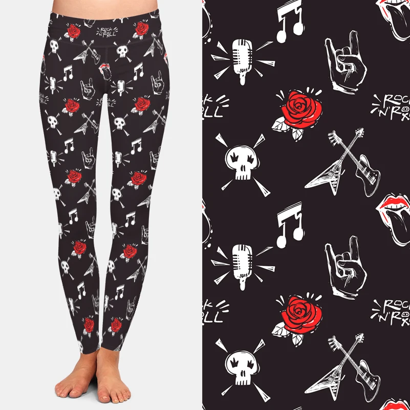 LETSFIND High Quaility Women Leggings Cartoon Rock Signs Music Notes Gesture Microphone Skull Print High Waist Pants