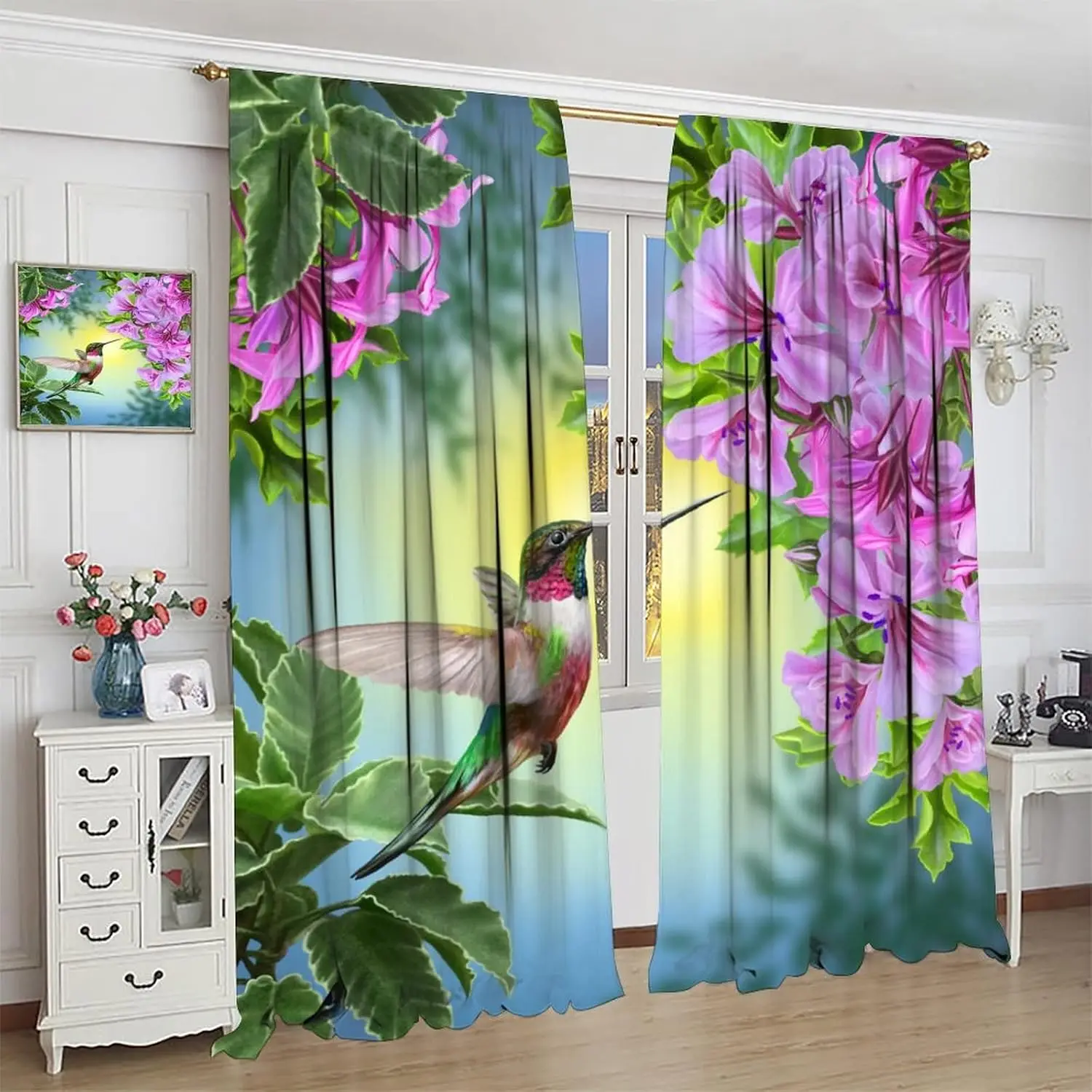 Hummingbird Blackout Curtains, Beautiful Purple Floral Hummingbird Nature Theme,for Bedroom Living Room, 2 Panel Set, 42x45 Inch