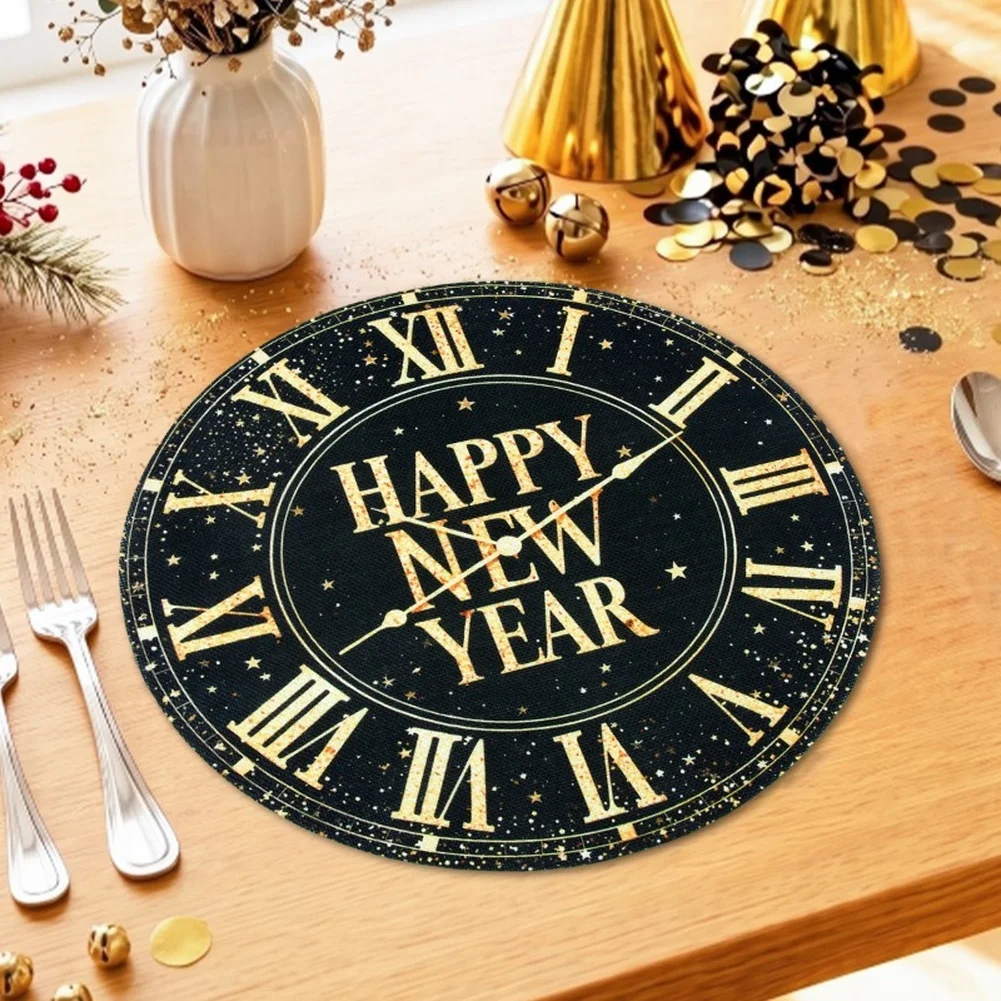 8Pcs Round Linen Christmas Placemats For Retro Santa Pattern Table Mats Heat Resistant Non Slip Xmas Holiday Dinner Party Decor