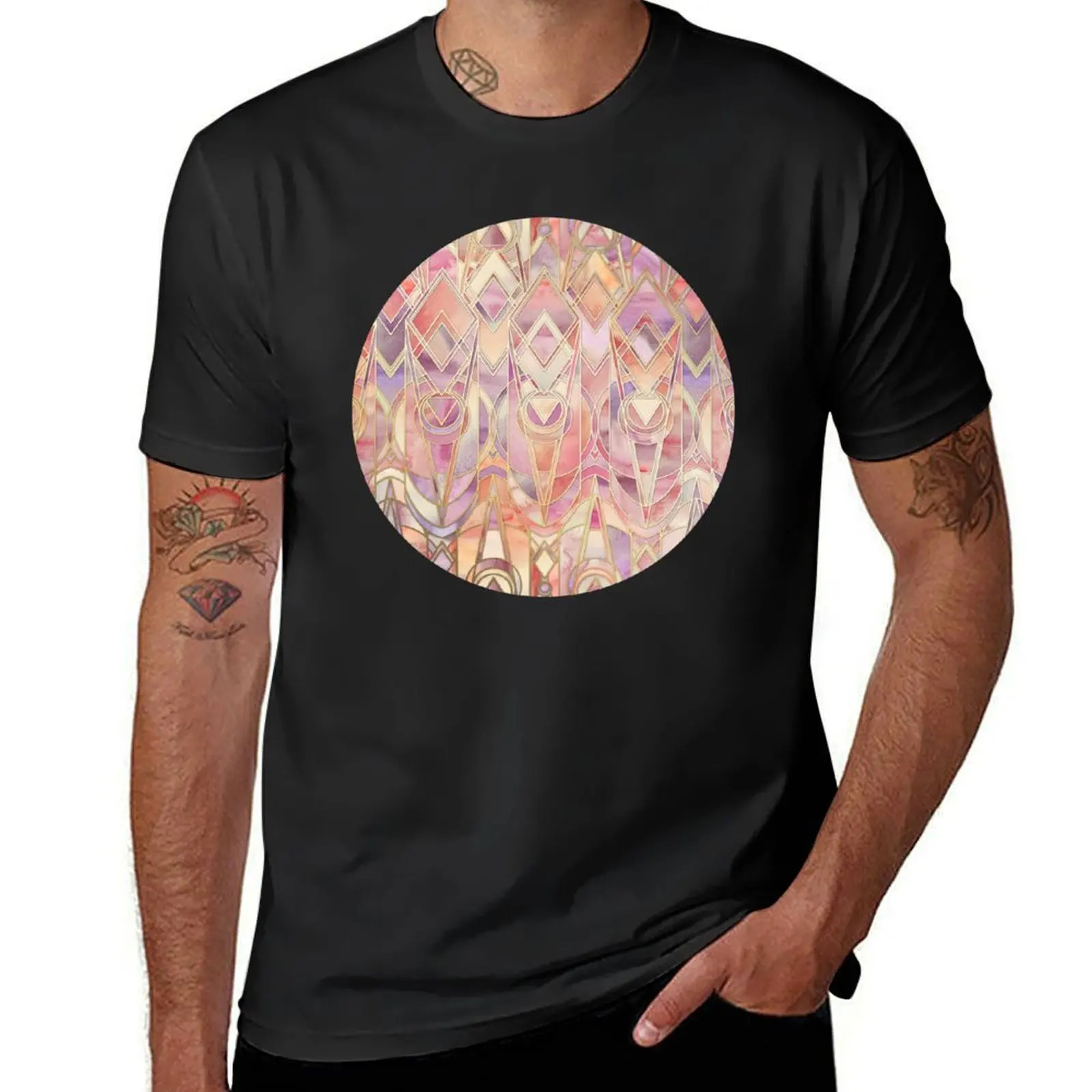 Glowing Coral and Amethyst Art Deco Pattern T-Shirt kawaii clothes cute clothes men t shirts