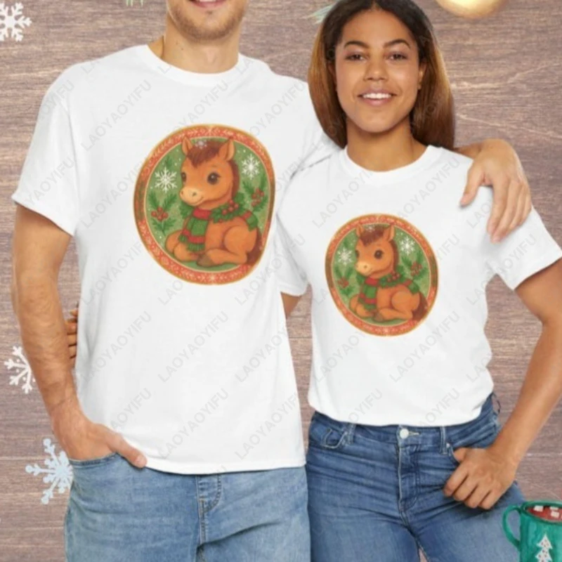 

Holiday Wreath Horse Cute Foal Christmas Shirt 2026 Year of The Horse Tees Cozy Winter Animal Gift Chinese Horse Year T-shirt