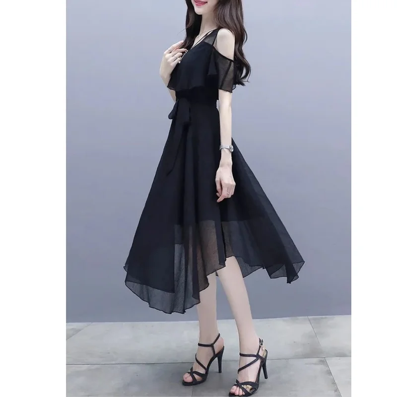 Summer Women's Chiffon Sexy Slim Black Midi Dress Lady Graceful Off-Shoulder Short Sleeve Dresses 2025 Fashion Clothing Female