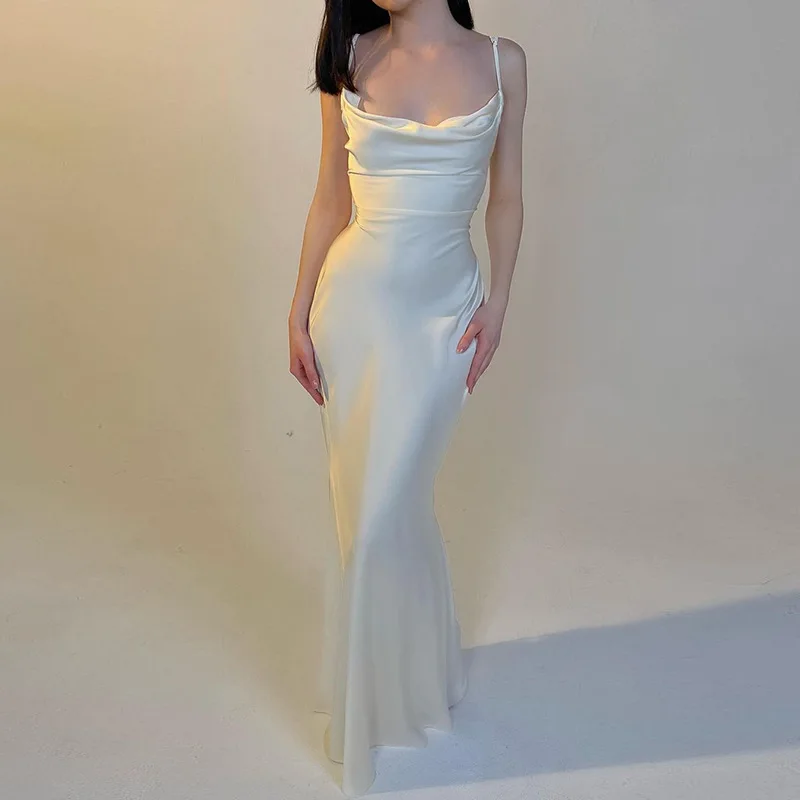 DGLUKE Criss Cross Bandage ยาวชุดซาตินผู้หญิงสปาเก็ตตี้สายคล้องคอ Maxi ชุดฤดูร้อน Elegant Party Dresses Y2K