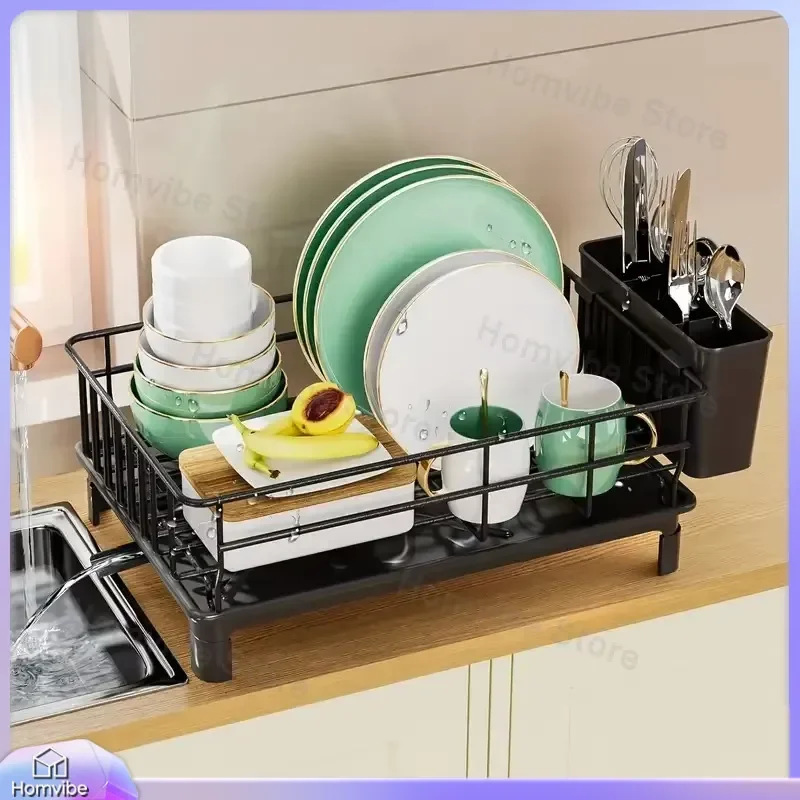 Rustproof Dish Drying Rack for Kitchen Countertop with Utensil Holder and Drain Board Organizer Drainer for Sink Area