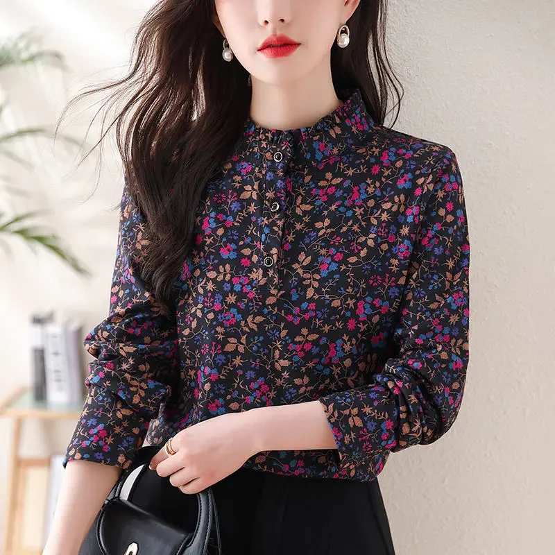 

New Stand-up Collar Retro Elegant Temperament Large Size Tops and Shirts 2025 Long-sleeved Floral Print Shirt for Women Spring