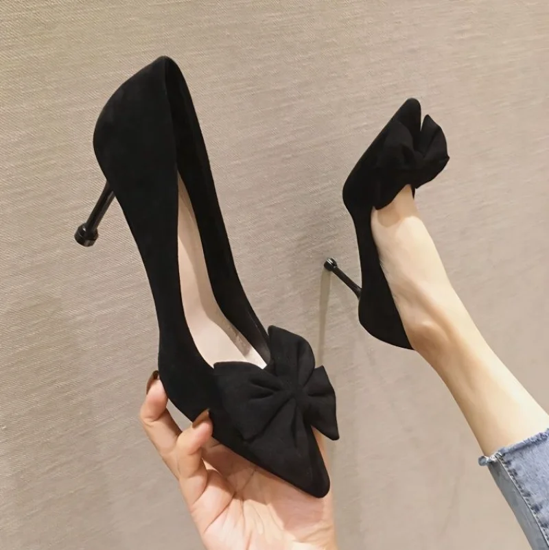 Buty dla kobiet 2024 Super High Heel Ladies Summer Footwear Black Office Stilito Pointed Toe with Bow Genuine Mark Slip on Shoe