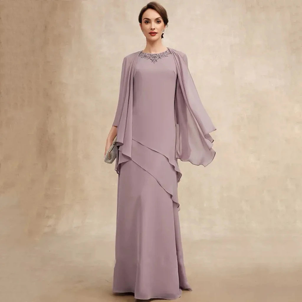 Purple Chiffon Mother of the Bride Dresses O-neck Lace Applique With Jacket Zipper Ruffle O-neck Formal Occasion Evening Gowns