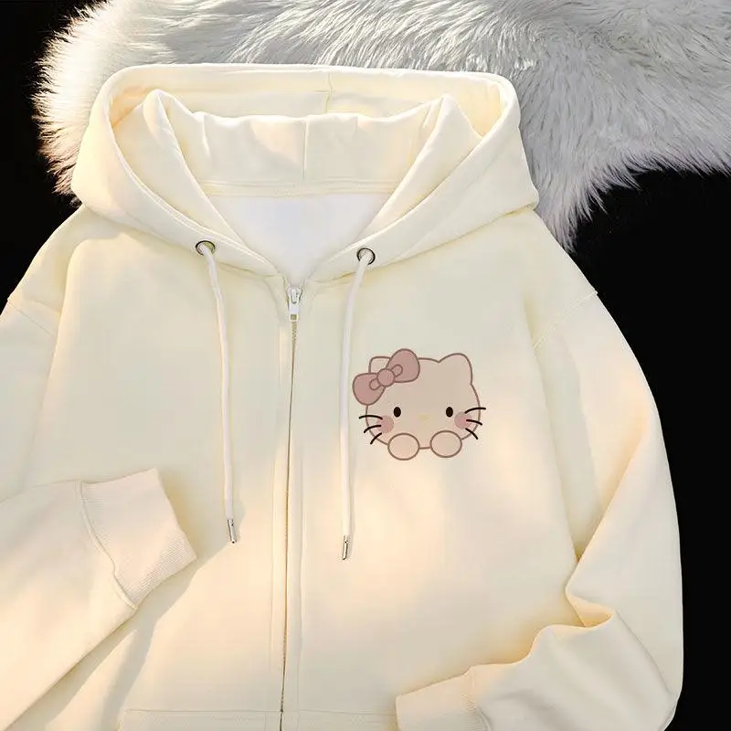 

Sanrio Cute Cartoon Anime Printed Girls' Casual Hooded Zipper Sweatshirt Hello Kitty Comfortable Jacket Christmas Present