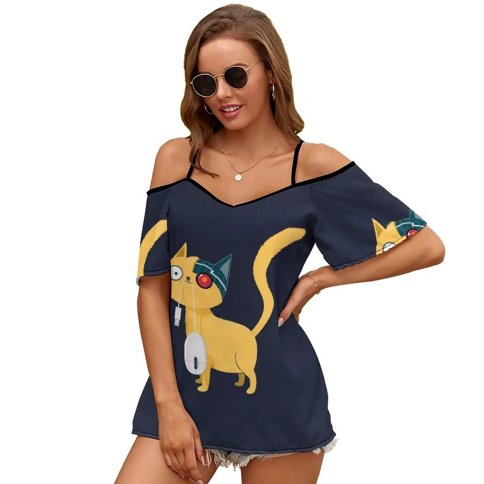 De Vangst 2089 Vrouwen Print T-shirt Casual Off Shoulder Loose Trui Tops Mode Kleding Kat Robot Muis Leuke Grappige