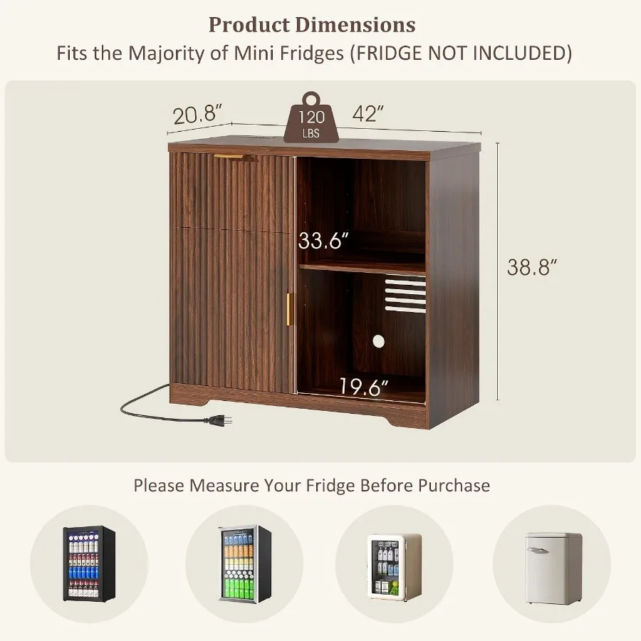 42'' Mini Fridge Cabinet with Charging Station and Wine Rack