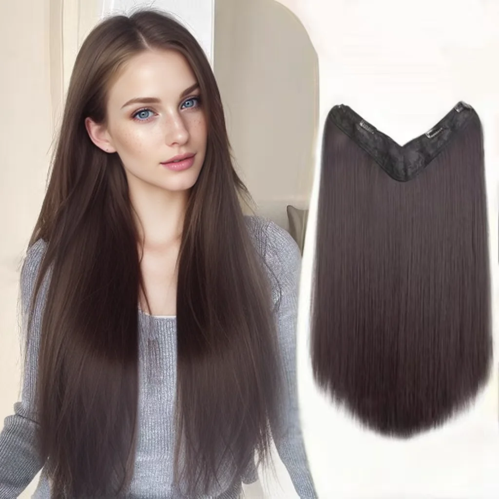Elegant V-Shape Synthetic Clip Ins Hair Extension With Secure BB Clip Long Straight Half Head Wig for Women Increase Hair Volume