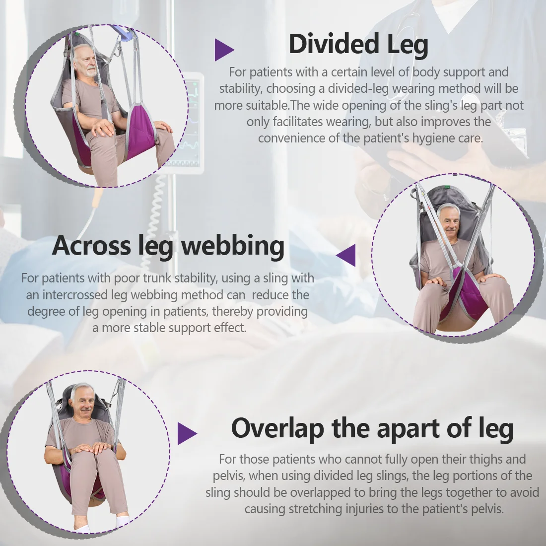 Ehucon Imbracatura per gambe divisa per sollevamento paziente durevole Imbracatura per paranco di trasferimento con supporto per la schiena alta per anziani Capacità di peso di 500 libbre