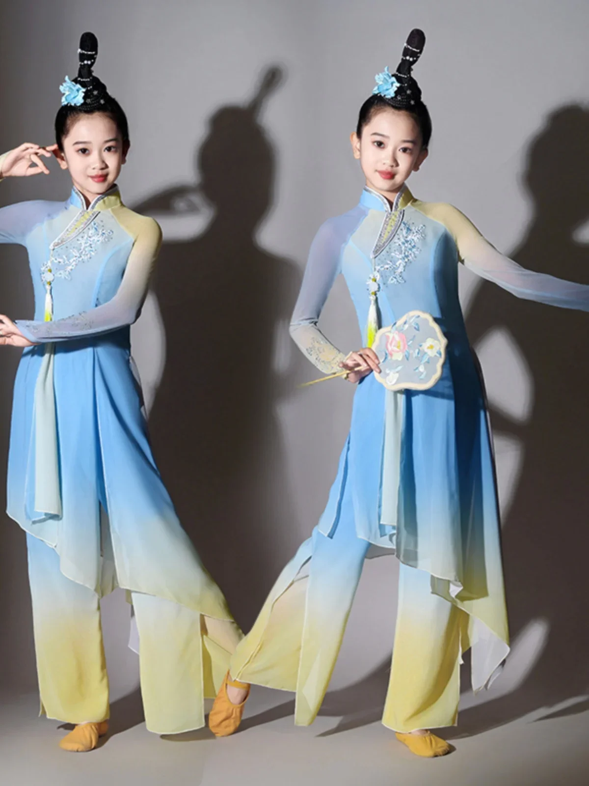 Chinese Stijl Volksdans Klassieke Yangko Kleding Prestaties Kostuums Meisjes Oefenkleding Kinderen Elegante Fan Dans