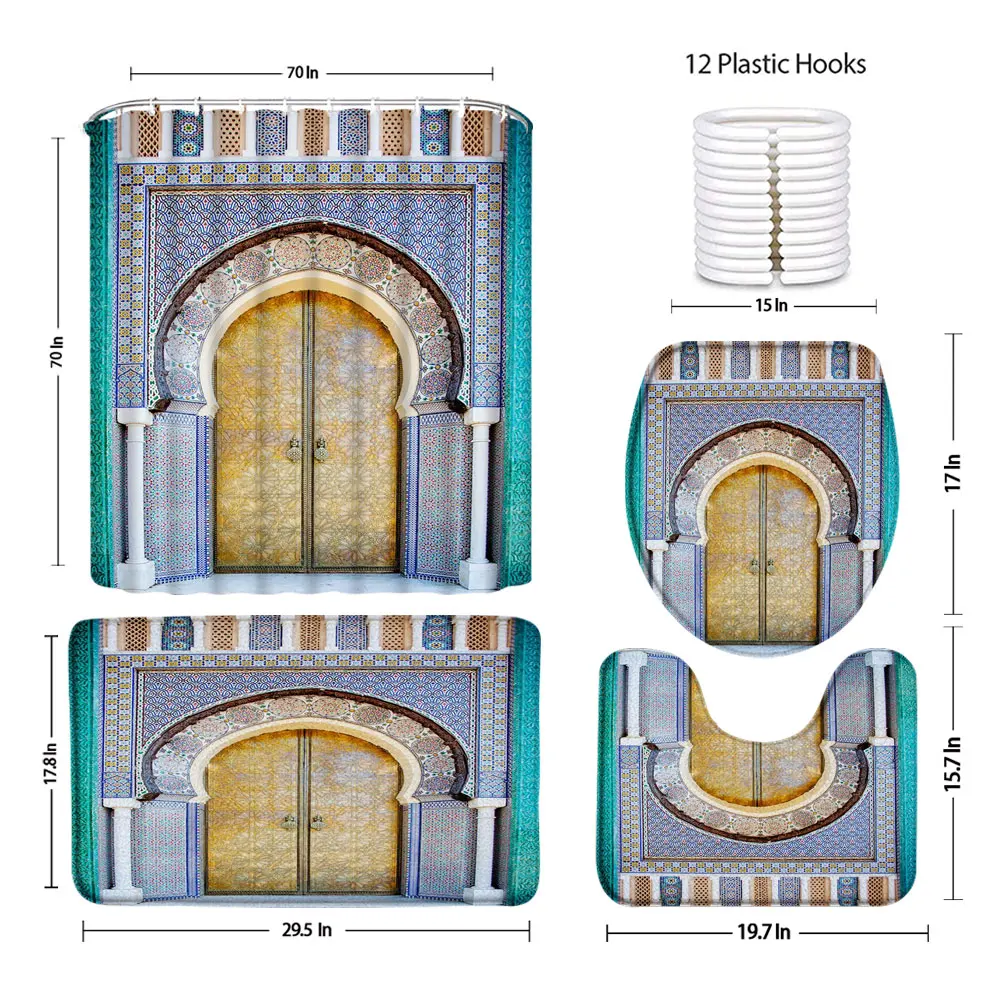 Vintage Moroccan Shower Curtain Arch Door Geometric Pattern Toilet Lid Anti-Slip Floor Mat Entrance Building Bathroom Decor