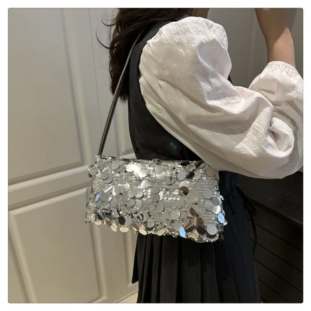 Fashion Lightweight Sequin Shoulder Bags Evening Party Large Capacity Female Handbag Solid Color Tote Bag Women