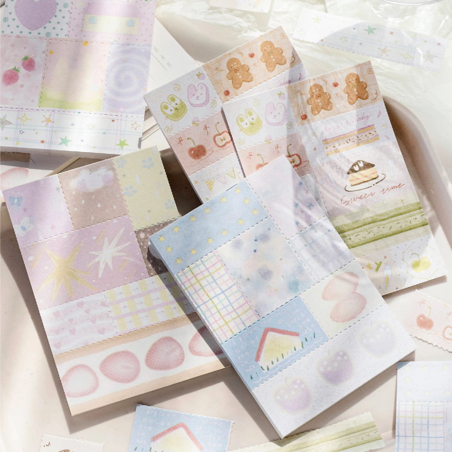 50 Sheets Cute Patchwork White Kraft Stickers, soft pastel small pattern labels for hand account DI