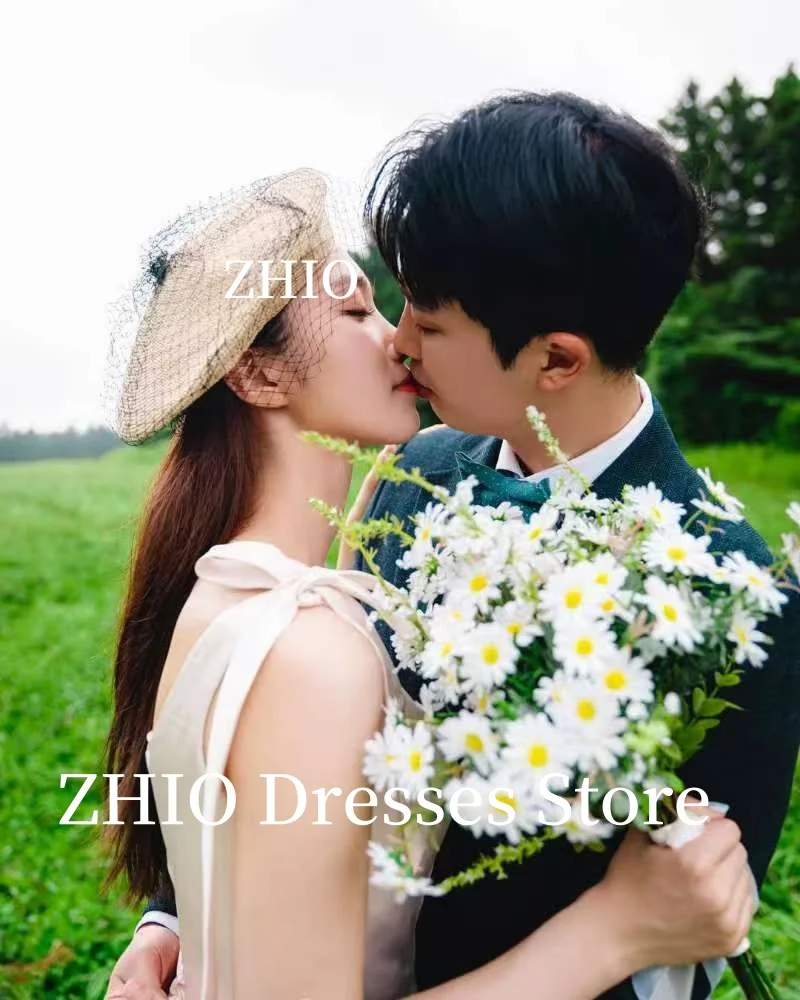 ZHIO Schleife Spaghettiträger Hochzeit Party Kleider A-Linie Rückenfrei Korea Fotoshooting Brautkleider Korsett Maßgeschneidert Elegant