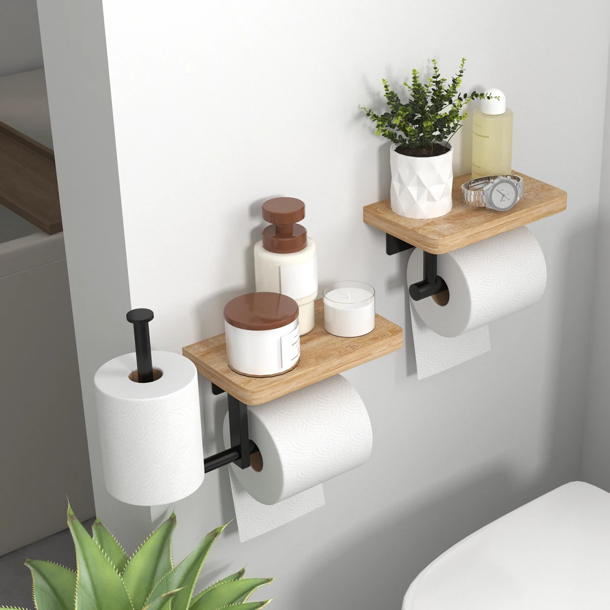 Wooden Wall-Mounted Toilet Paper Holder, Sink Storage Rack, And Phone Stand, Easy to Install Without Drilling, Tissue Organizer