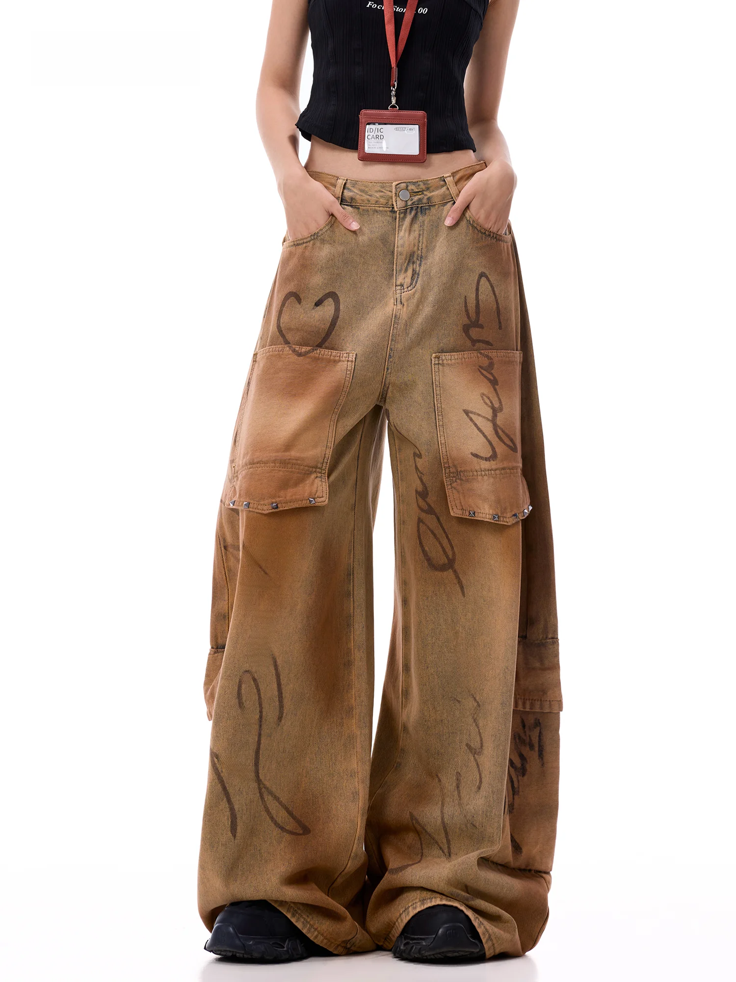 Women's Wide Leg Jeans Casual Style Rivet Design Autumn New Fashion Dungaree Look Comfortable Cotton Blend mid Waist Zipper Fly