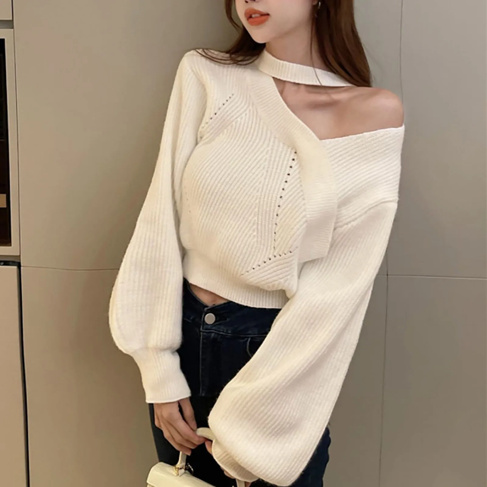 Women's Halter Neck Sweater Fine Workmanship Ladies Skin-Friendly Top Exquisite Gift for Ladies Birthday